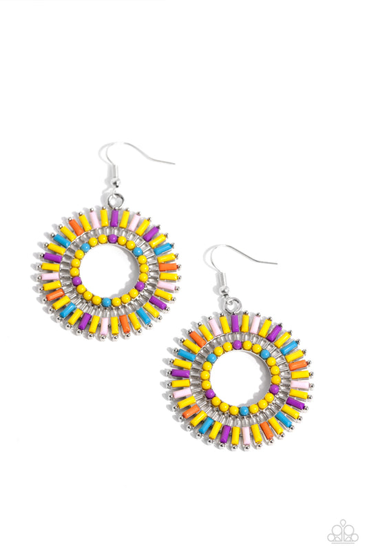 Ferris Wheel Finale - Yellow - Multicolored Acrylic Beads Fishhook Earrings- Paparazzi Accessories