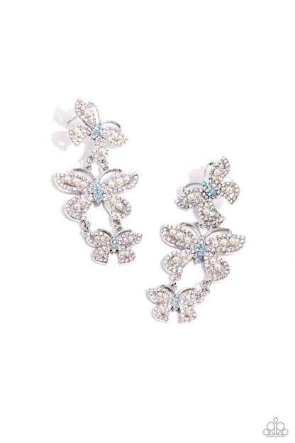 Fluttering Finale - Multi - Iridescent Blue Rhinestone Butterfly Post Earrings - October 2023 Life of the Party Exclusive - Paparazzi Accessories