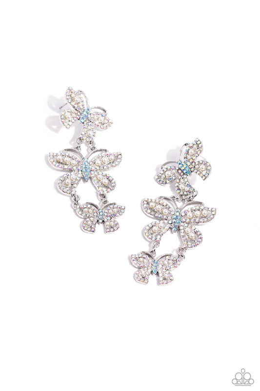 Fluttering Finale - Multi - Iridescent Blue Rhinestone Butterfly Post Earrings - October 2023 Life of the Party Exclusive - Paparazzi Accessories