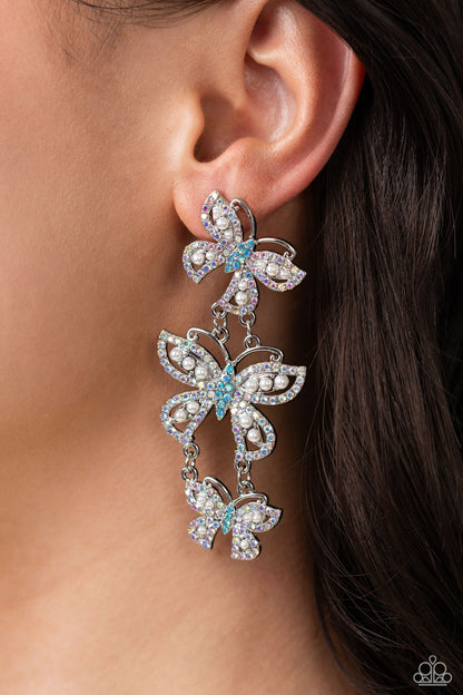 Fluttering Finale - Multi - Iridescent Blue Rhinestone Butterfly Post Earrings - October 2023 Life of the Party Exclusive - Paparazzi Accessories