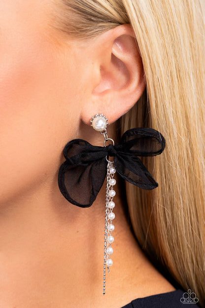 High-Class Heiress - Black Chiffon Pearl Post Earrings - Paparazzi Accessories