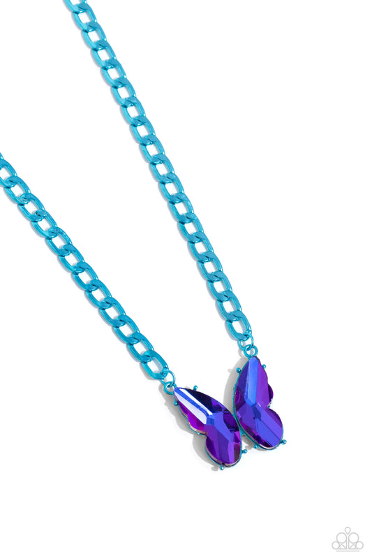 Fascinating Flyer - Blue UV Shimmer Butterfly Necklace - Paparazzi Accessories