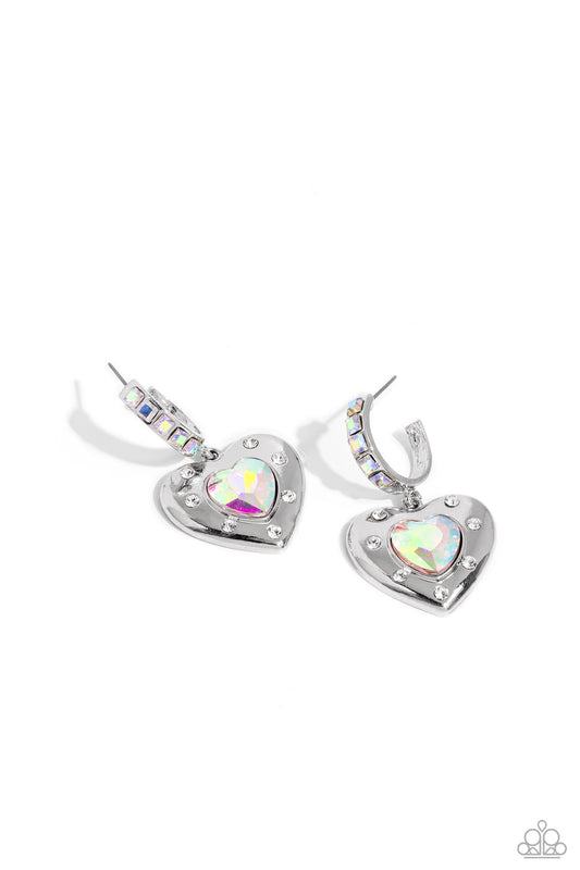 We Are Young - White - Iridescent Rhinestone Heart Drop Hoop Earrings - Paparazzi Accessories