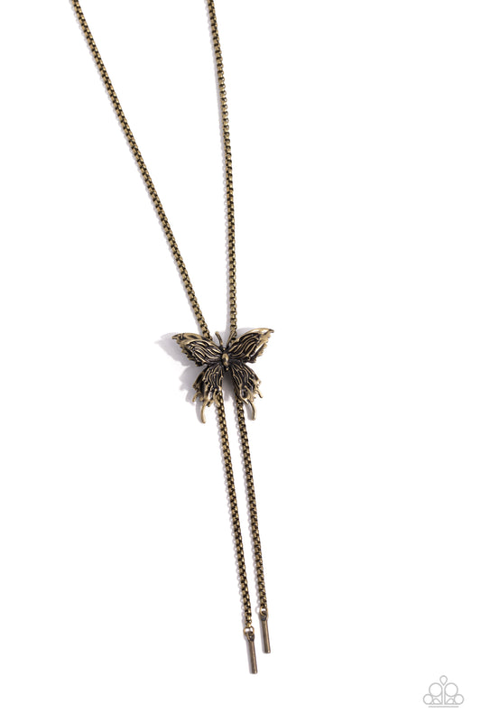 Adjustable Acclaim - Brass Butterfly Bolo Necklace - Paparazzi Accessories