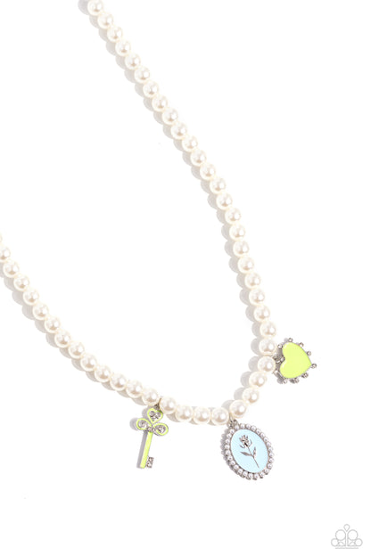 Charming Collision - Green Enamel Charm Pearl Necklace - Paparazzi Accessories
