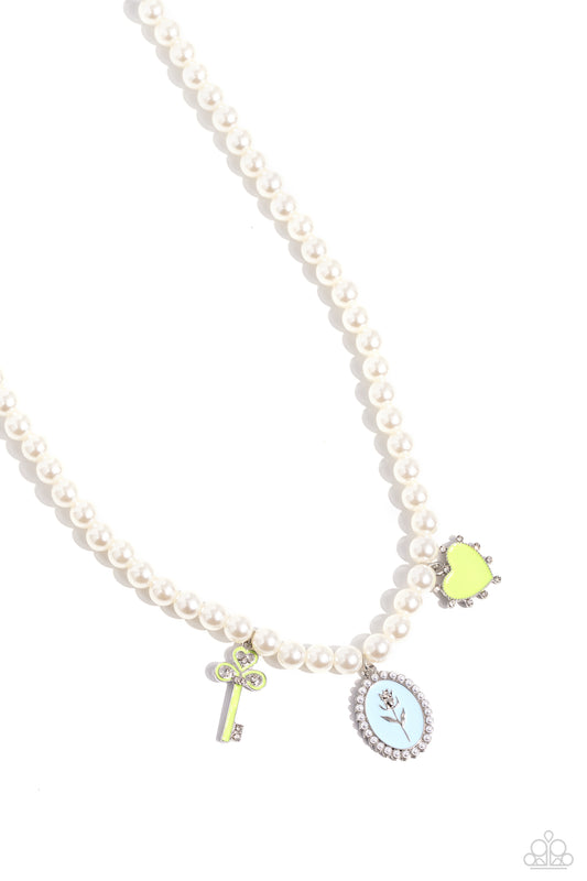 Charming Collision - Green Enamel Charm Pearl Necklace - Paparazzi Accessories