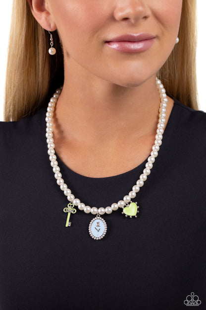 Charming Collision - Green Enamel Charm Pearl Necklace - Paparazzi Accessories