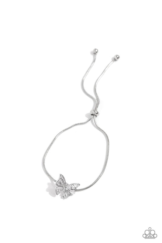 Adjustable Allure - White - Rhinestone Butterfly Lariat Bracelet - Paparazzi Accessories