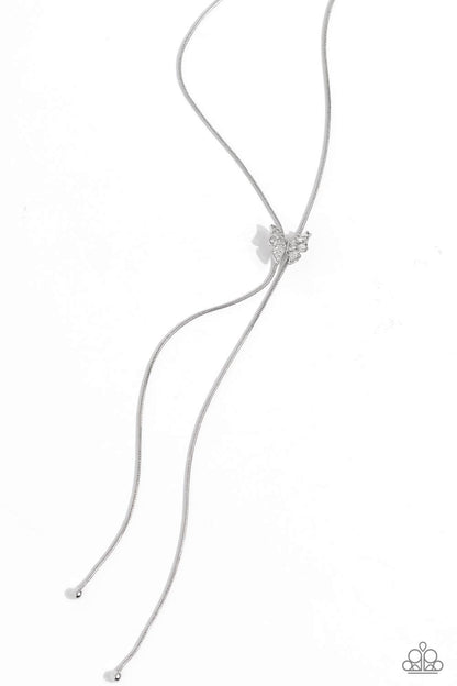Adjustable Alliance - White Rhinestone Butterfly Bolo Necklace - Paparazzi Accessories