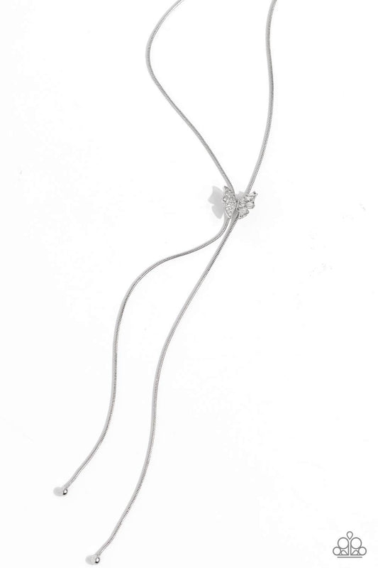 Adjustable Alliance - White Rhinestone Butterfly Bolo Necklace - Paparazzi Accessories