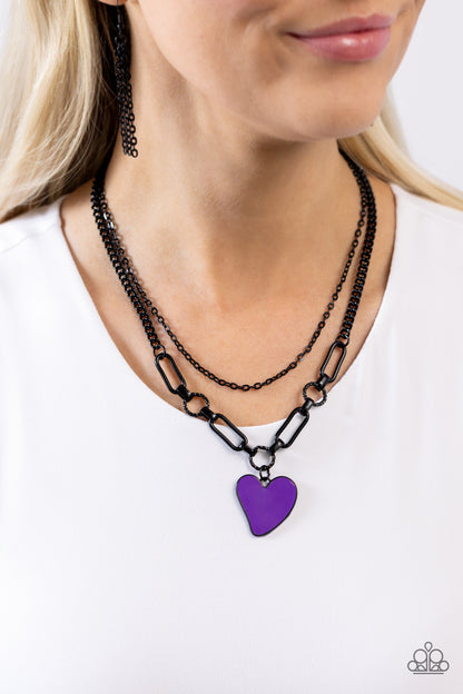 Carefree Confidence - Purple - Black Dipped Chain Heart Pendant Necklace - Paparazzi Accessories