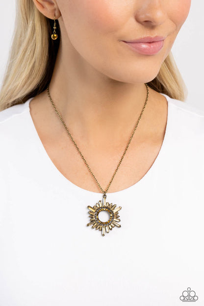 Enigmatic Edge - Brass Rhinestone Necklace - Paparazzi Accessories