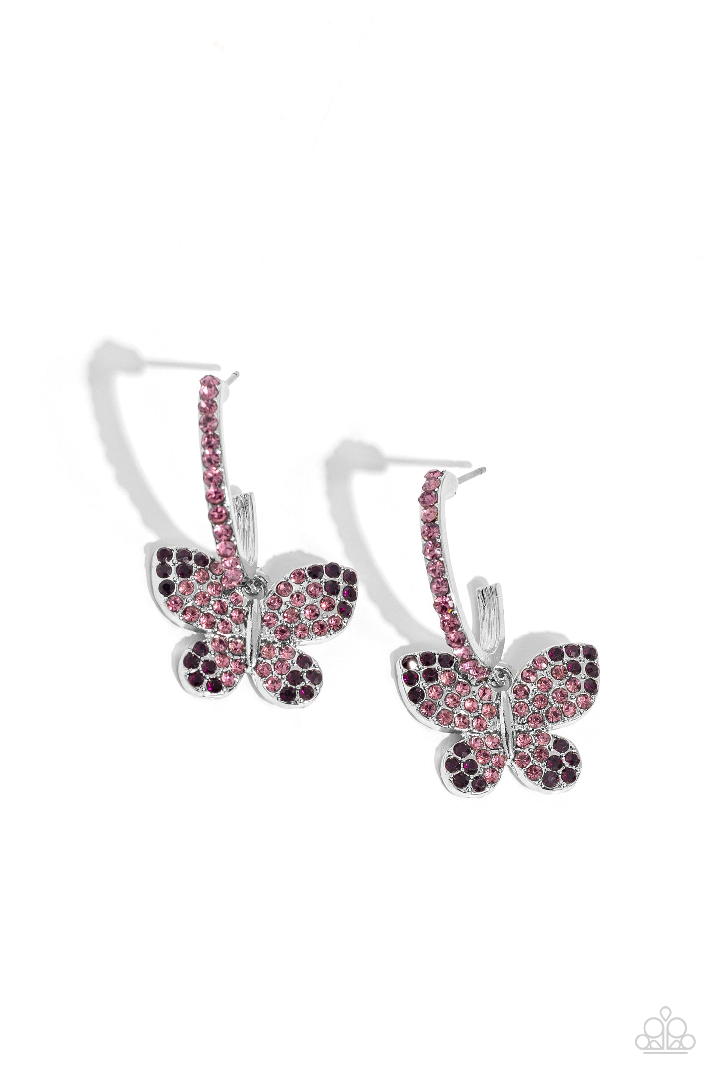 Whimsical Waltz - Purple Rhinestone Butterfly Drop Hoop Earrings - Paparazzi Accessories