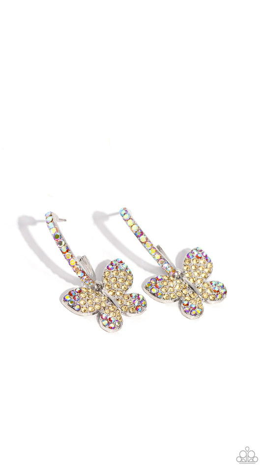 Whimsical Waltz - Yellow Iridescent Butterfly Drop Hoop Earrings - Paparazzi Accessories