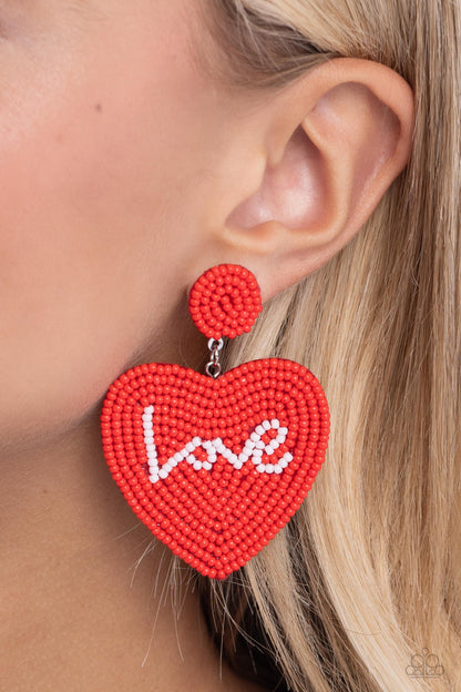 Sweet Seeds - Red Seed Bead Heart Post Earrings - Paparazzi Accessories