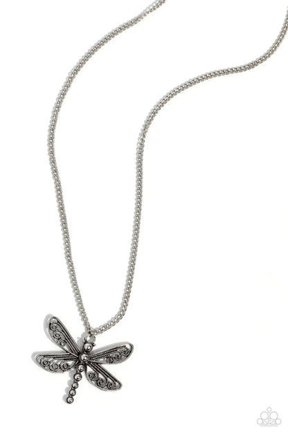 Dragonfly Dance - Silver Dragonfly Pendant Necklace - Paparazzi Accessories
