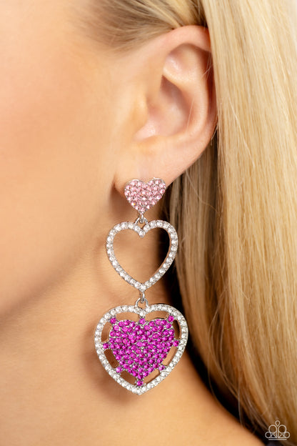 Couples Celebration - Pink Rhinestone Hearts Post Earrings - Paparazzi Accessories