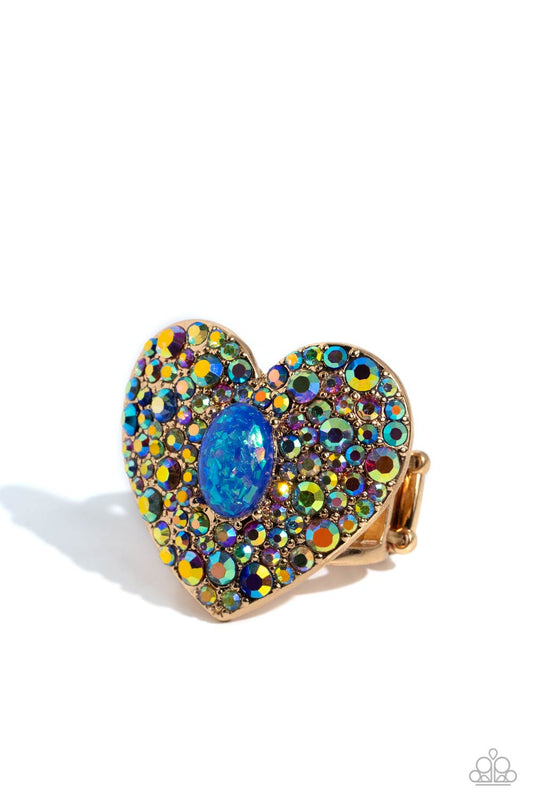 Bejeweled Beau - Blue Iridescent Gold Heart Ring - Life of the Party Exclusive - Paparazzi Accessories