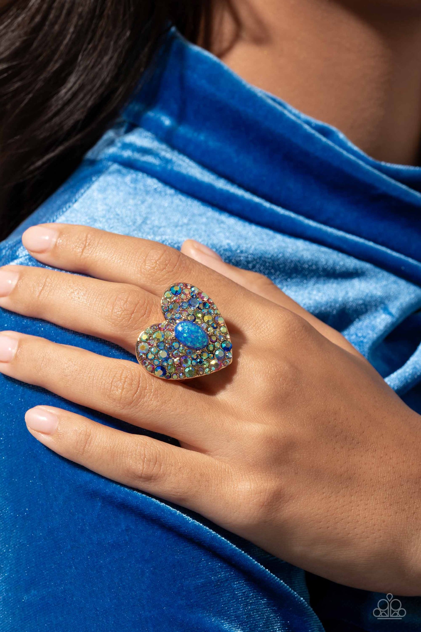 Bejeweled Beau - Blue Iridescent Gold Heart Ring - Life of the Party Exclusive - Paparazzi Accessories