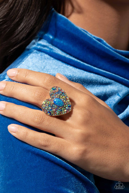Bejeweled Beau - Blue Iridescent Gold Heart Ring - Life of the Party Exclusive - Paparazzi Accessories