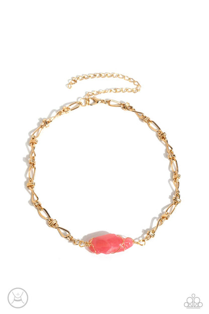 Cavern Class - Pink Wire Wrapped Stone Gold Choker Necklace- Paparazzi Accessories