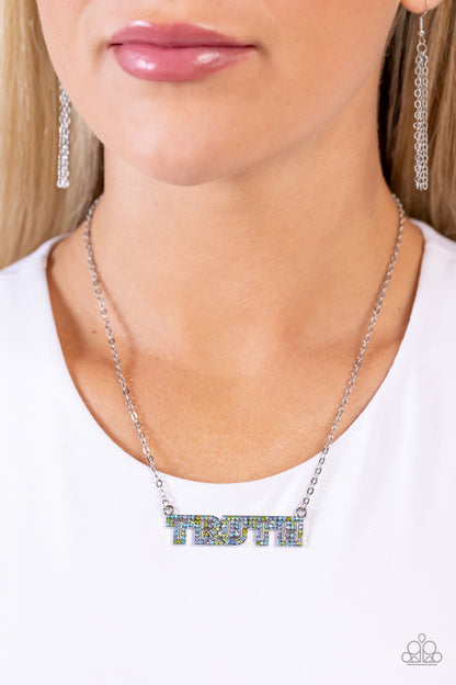 Truth Trinket - Blue Iridescent Rhinestone Necklace - Paparazzi Accessories