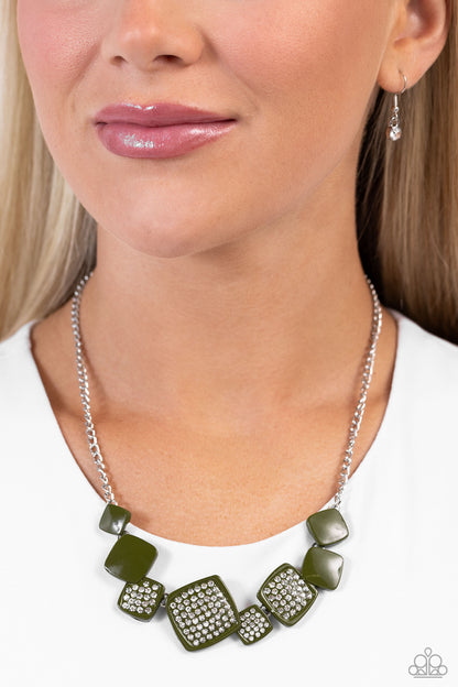 Twinkling Tables - Green - Rhinestone Embossed Necklace - Paparazzi Accessories