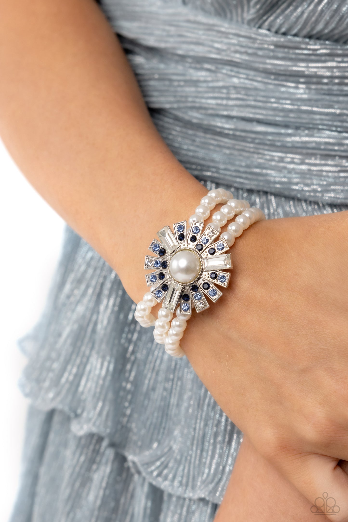 Gifted Gatsby - Blue - Stacked Rhinestone Pearl Stretchy Bracelet - Paparazzi Accessories