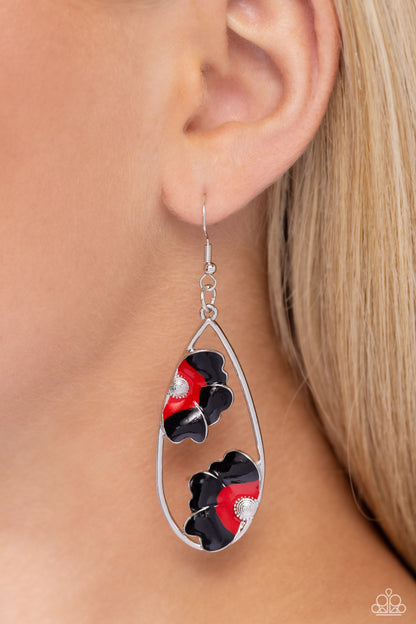 Airily Abloom - Black to Red Petal Fishhook Earrings - Paparazzi Accessories