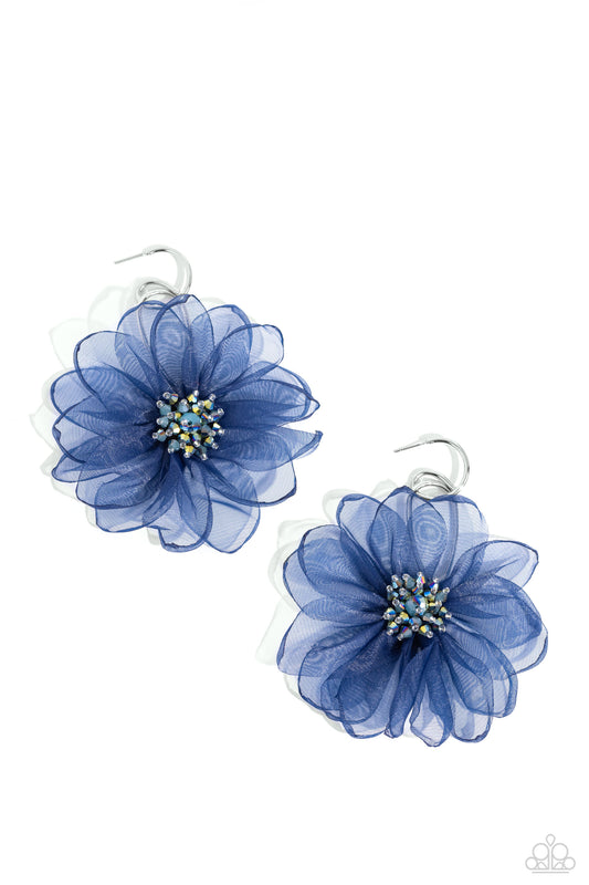 Cosmopolitan Chiffon - Blue Flower Drop Hoop Earrings - Paparazzi Accessories