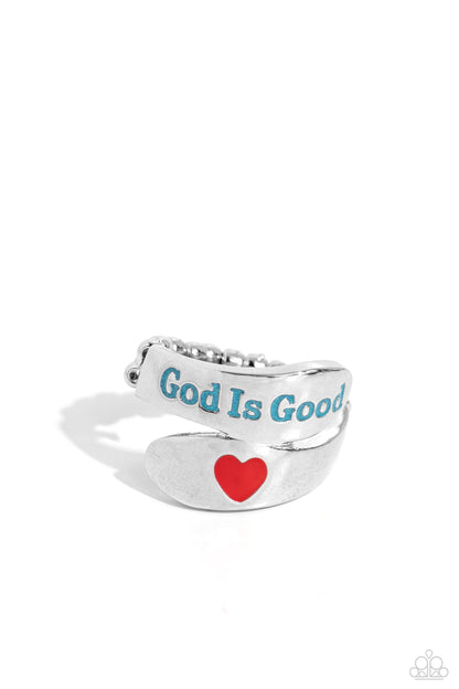 God is Good - Blue Enamel Red Heart Silver Ring - Paparazzi Accessories