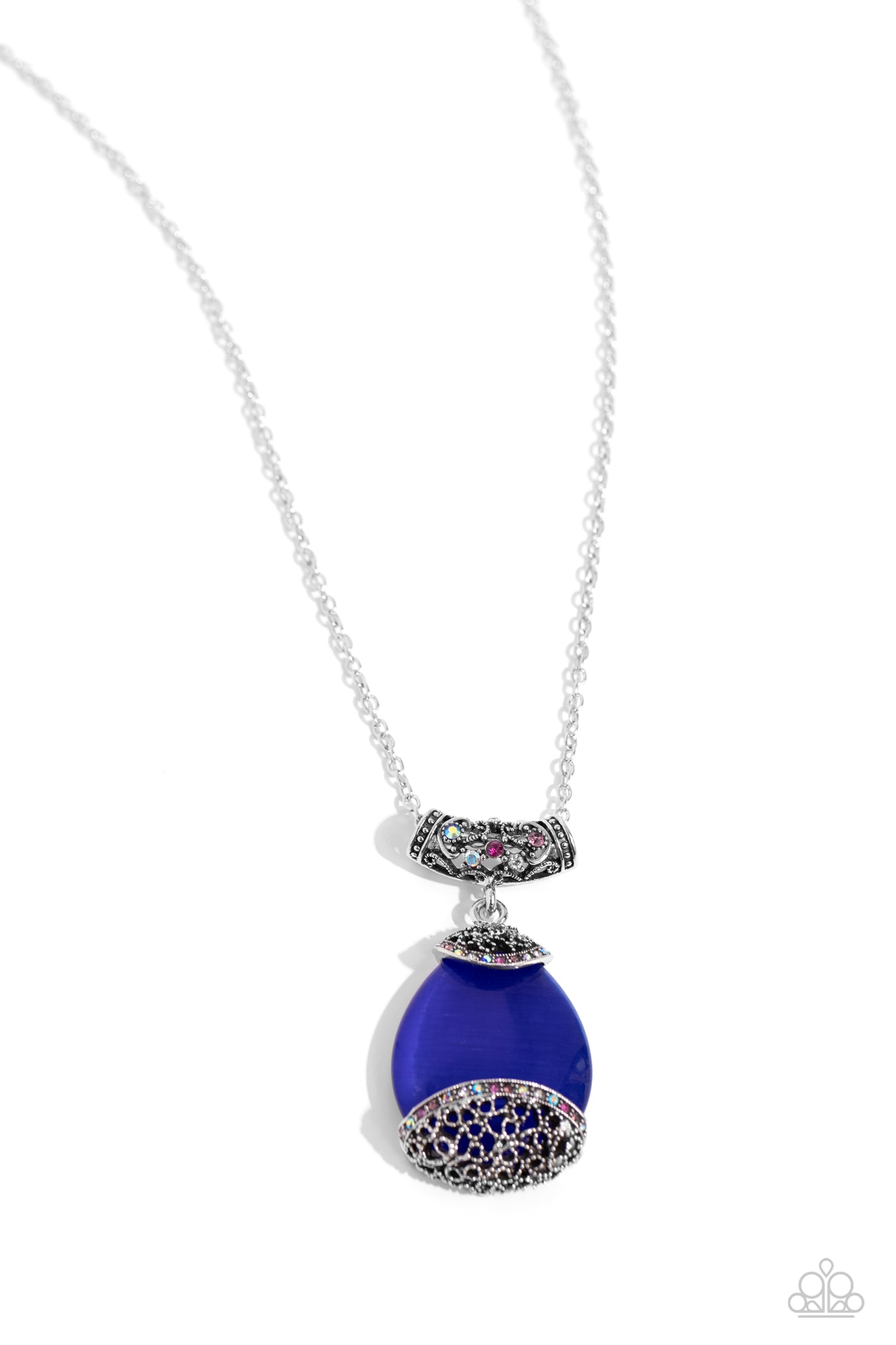 Hypnotic Headliner - Multi Rhinestone Blue Cat's Eye Stone Pendant Necklace - Paparazzi Accessories