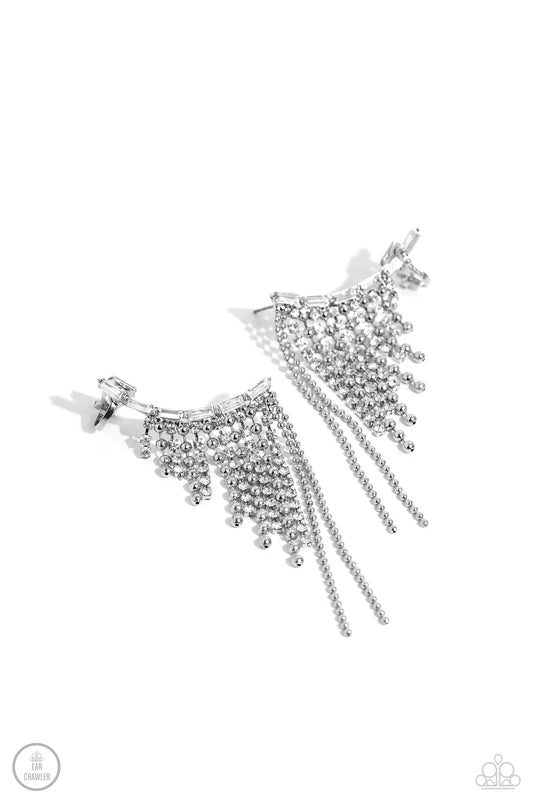 Tapered Tease - White Rhinestone Ear Crawler Earrings - Paparazzi Accessories