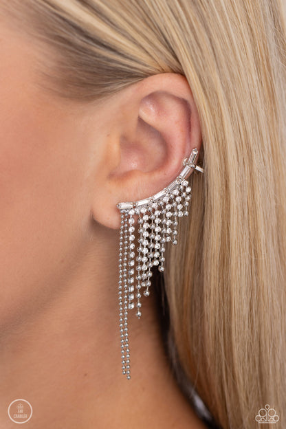 Tapered Tease - White Rhinestone Ear Crawler Earrings - Paparazzi Accessories