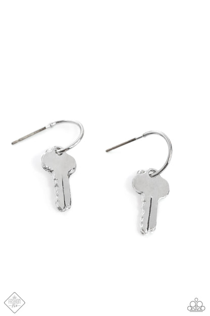 The Key to Everything - Silver Key Drop Hoop Earrings - Paparazzi Accessories