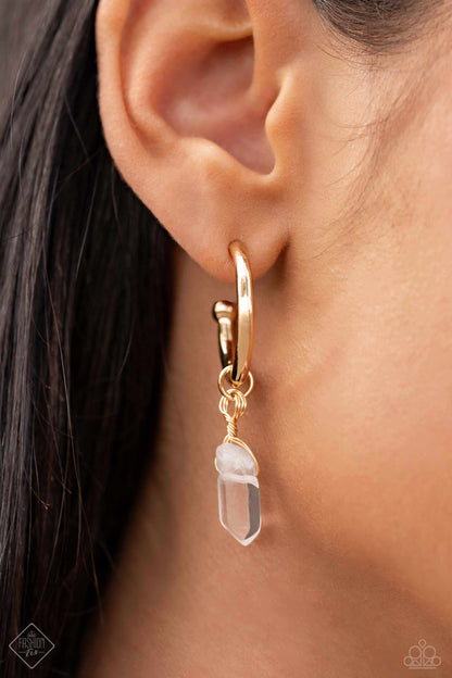 Excavated Elegance - Gold - Clear Stone Drop Hoop Earrings - Paparazzi Accessories