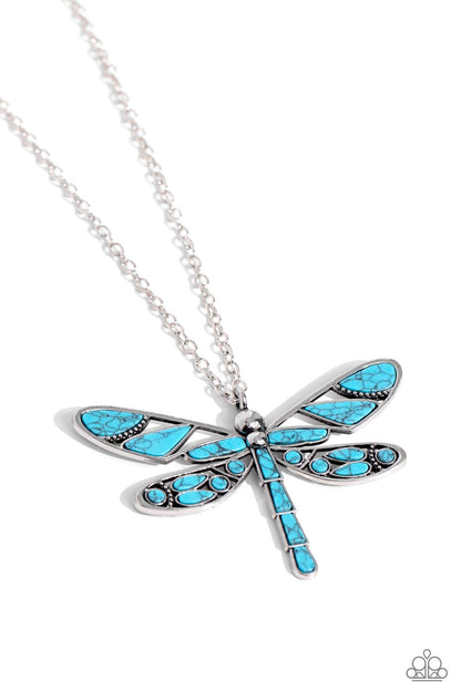FLYING Low - Blue Turquoise Stone Dragonfly Pendant Necklace - Paparazzi Accessories