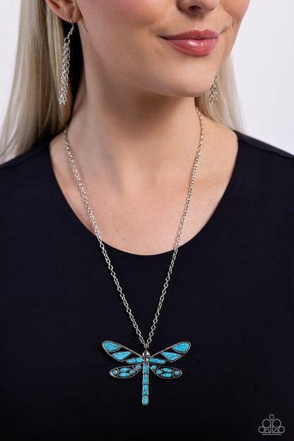 FLYING Low - Blue Turquoise Stone Dragonfly Pendant Necklace - Paparazzi Accessories