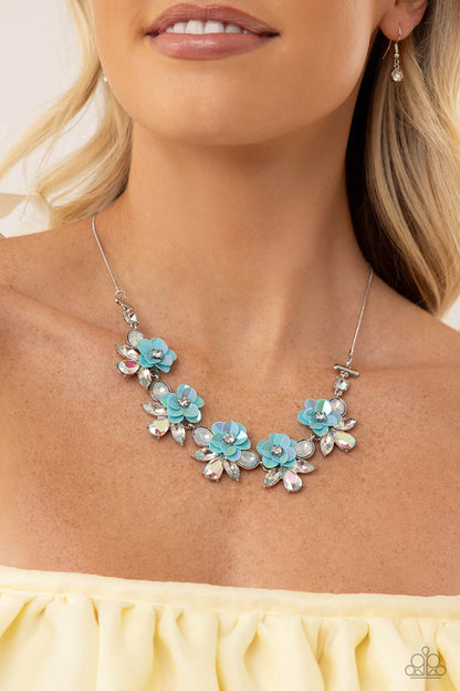 Ethereally Enamored - White - Blue Sequin Flower Necklace - Paparazzi Accessories