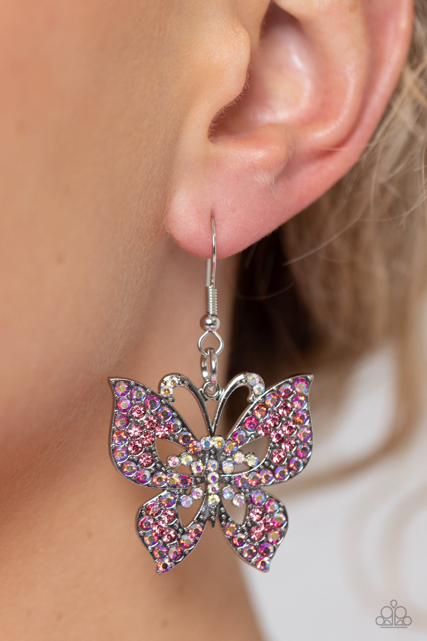 Bejeweled Breeze - Pink Iridescent Butterfly Fishhook Earrings - Paparazzi Accessories
