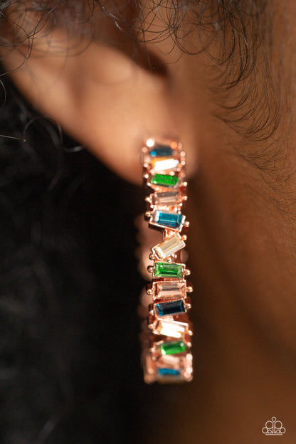 Effortless Emeralds - Copper - Blue and Green Gemstone Hoop Earrings - Paparazzi Accessories