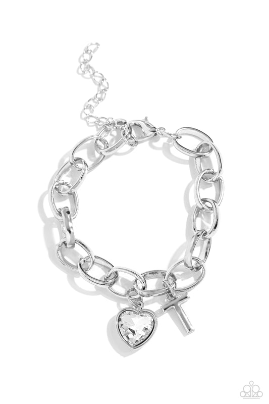 Guess Now Its INITIAL - White - T - Letter and Heart Charm Clasp Closure Bracelet - Paparazzi Accessories