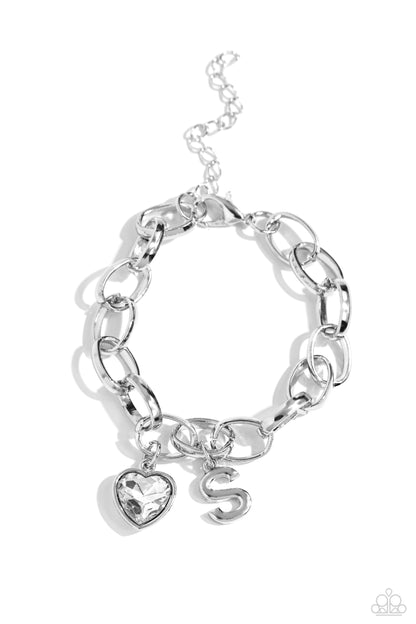 Guess Now Its INITIAL - White - S - Letter and Heart Charm Clasp Closure Bracelet - Paparazzi Accessories