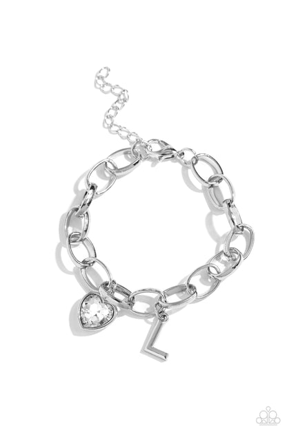 Guess Now Its INITIAL - White - L - Letter and Heart Charm Clasp Closure Bracelet - Paparazzi Accessories