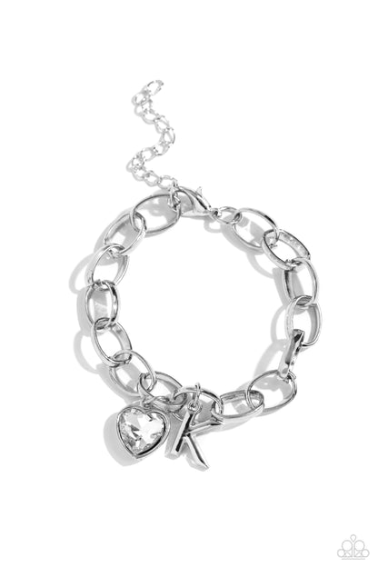 Guess Now Its INITIAL - White - K - Letter and Heart Charm Clasp Closure Bracelet - Paparazzi Accessories