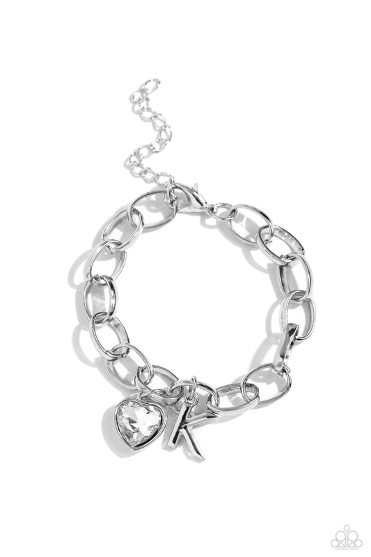 Guess Now Its INITIAL - White - K - Letter and Heart Charm Clasp Closure Bracelet - Paparazzi Accessories