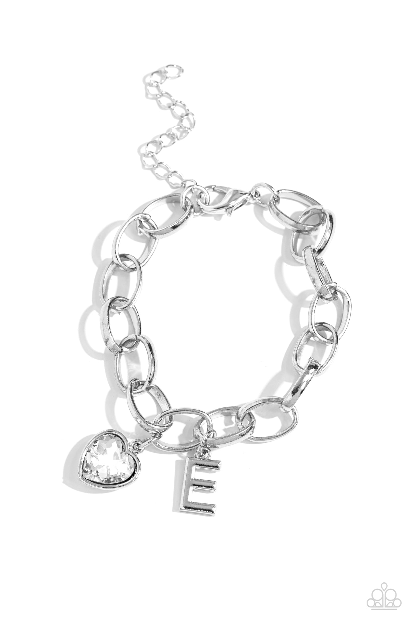 Guess Now Its INITIAL - White - E - Letter and Heart Charm Clasp Closure Bracelet - Paparazzi Accessories