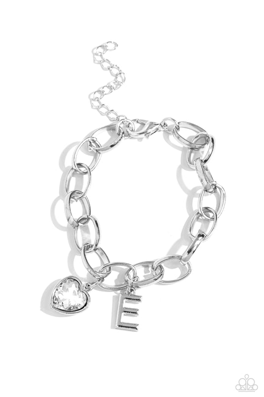 Guess Now Its INITIAL - White - E - Letter and Heart Charm Clasp Closure Bracelet - Paparazzi Accessories