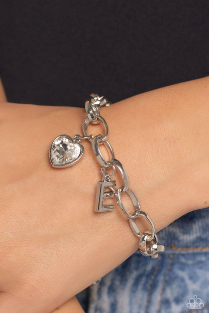 Guess Now Its INITIAL - White - E - Letter and Heart Charm Clasp Closure Bracelet - Paparazzi Accessories