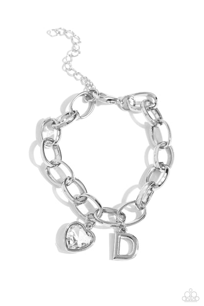 Guess Now Its INITIAL - White - D - Letter and Heart Charm Clasp Closure Bracelet - Paparazzi Accessories